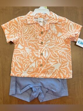 Carter's Peach-Orange & White Tropical Print Button-Front Shirt + Blue Shorts